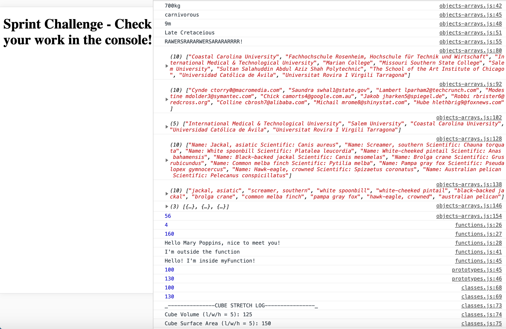 image of webpage with console logged data results